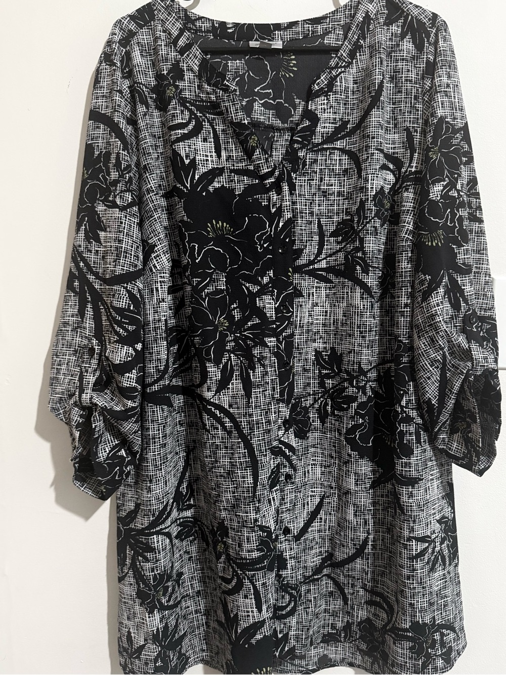Avenue Black and White and yellow Grid-Print Blouse